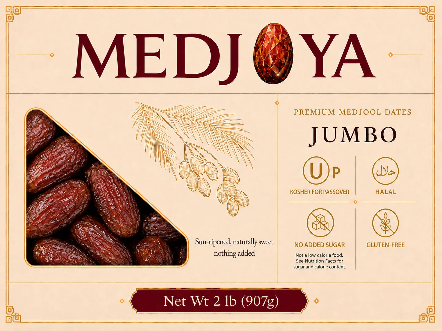 MEDJOYA Jumbo Medjool Dates 2 lb box, front panel