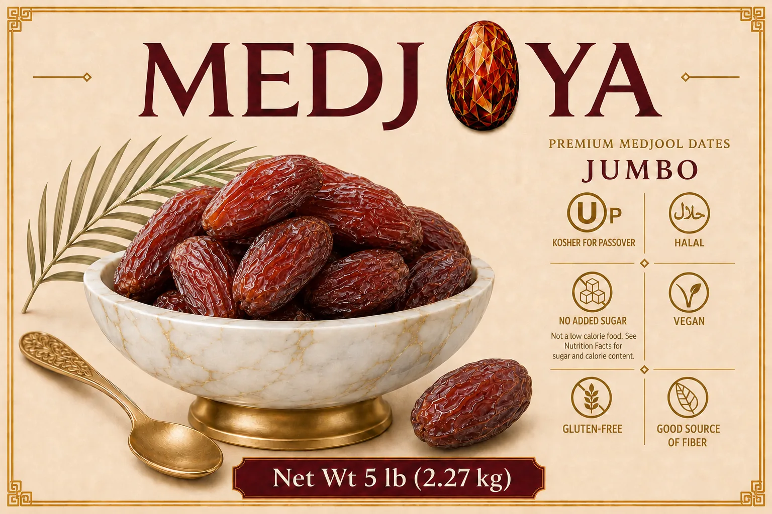 MEDJOYA Jumbo Medjool Dates 5 lb box, marble bowl with dates