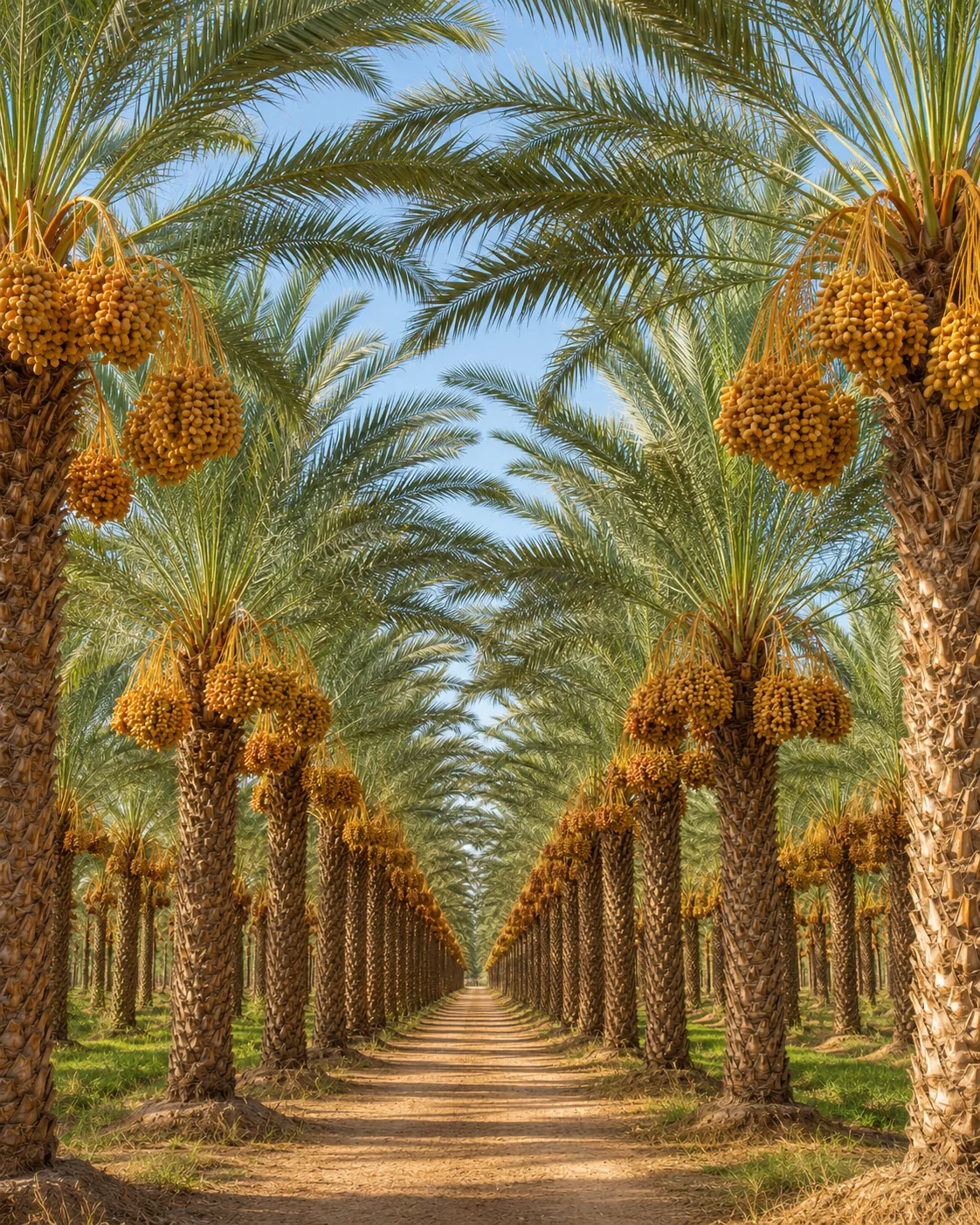 Rows of Medjool date palms heavy with golden fruit clusters at the family orchard